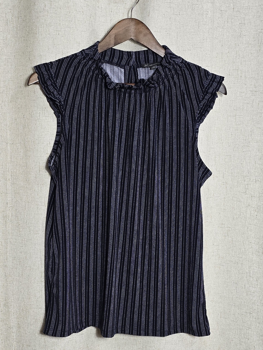 Adrianna Papell Navy and White Striped Ruffle-Neck Flutter Sleeve Blouse